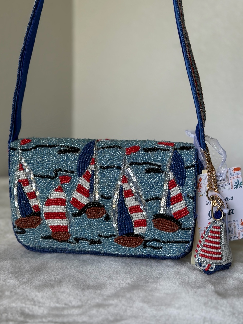 Viral Sailboat Beaded Bag Made in India Coastal 4th of July Red White Blue USA